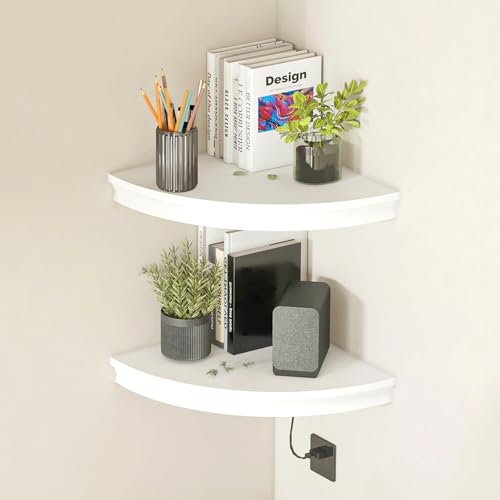 HAO Floating Corner Shelf Invisible Wall Mounted Shelves Radial Shape Cable Wire Hole Pattern Perfect for Bedroom Bathroom Living Room Kitchen Set of 2 White - color: White, size: 12 Inch with Wire Cable Hole