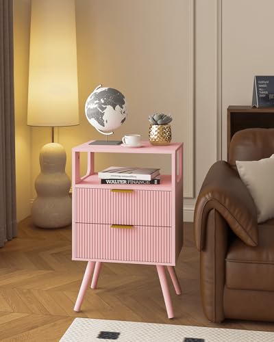 Leomonio Pink Nightstand,Modern Bedside Table with 2 Storage Drawer and Open Wood Shelf, for Bedroom and Small Spaces,Night Stand with Solid Wood Legs - color: Pink