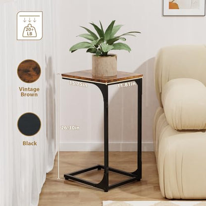 C Shaped End Tables Couch Table TV Trays Set of 2, 11.8" Wide, Rustic Brown | Small Thin Side Table Skinny Slide Under Couch Tray Tables for Sofa Bedroom Small Space - color: Rustic Brown, size: 11.8" Width