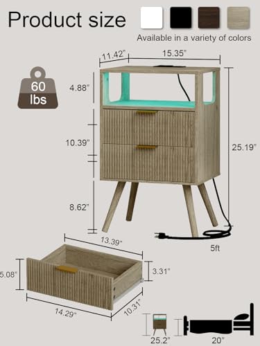 Leomonio Nightstand with Charging Station and LED Lights, Modern Bedside Table with 2 Storage Drawer and Open Wood Shelf for Bedroom and Small Spaces, Night Stand with Solid Wood Legs - color: Grey Oak-outlet