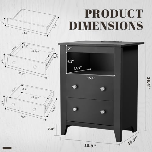 Loomie Black Nightstand with Gun Drawer, Night Stand with Charging Station & LED Lights, Bedside Table with Tray & 2 Drawers, End Side Table with Hidden Compartment for Valuables Storage