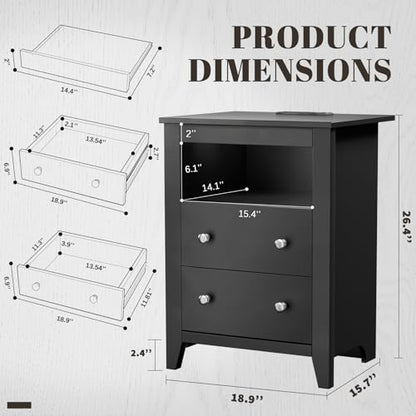 Loomie Black Nightstand with Gun Drawer, Night Stand with Charging Station & LED Lights, Bedside Table with Tray & 2 Drawers, End Side Table with Hidden Compartment for Valuables Storage