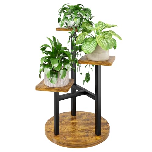 3 Tier Wood Plant Stand Indoor Outdoor, Wood Tall Plant Rack, Heavy Duty Wrought Iron Flower Pot Stand, Planter Display Rack for Living Room Balcony Garden Patio - BlackSquare - color: BlackSquare, size: 3-tiers