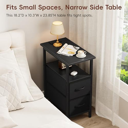 Vagusicc Set of 2 Black Nightstand with Charging Station and LED Lights, Narrow Side Table, LED Night Stand with 2 Fabric Drawers, Bedside Table Small End Table, Tall Nightstand for Bedroom, Black - color: Black, size: 2, style: With LEDs