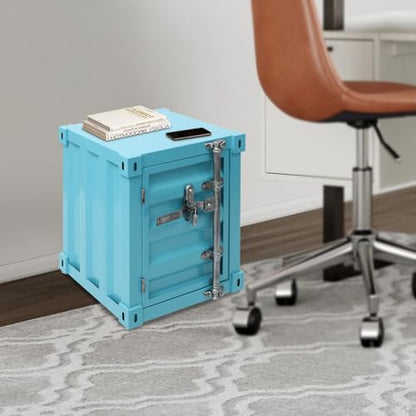 Industrial Style Container Cabinet, Iron Bedside Table with Lock, Shipping Container Style End Table, Wrought Iron Container Side Table for Living Room Bedroom Office (Blue) - color: Blue