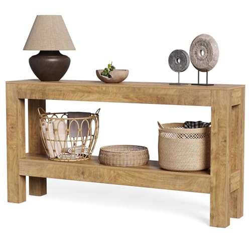 LITTLE TREE 63-Inch Long Console Table for Living Room, Farmhouse Wood Entryway Table for Sofa, Entry, Hallway, Entrance, Foyer, Behind Couch with 2-Tier Narrow Shelf, Oak - color: Oak