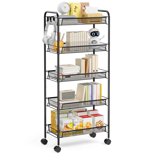TOOLF 5 Tier Rolling Cart, Metal Utility Storage Cart with Wheels, Black | 3 Hooks, Screwless Assembly, Trolley Organizer for Bathroom, Kitchen, Office, Nursery, Dorm, Laundry Room - color: Black, size: 5-Tier