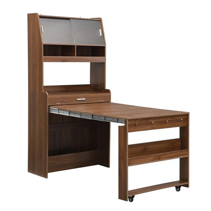 Spaco 2-in-1 Folding Dining Table and Buffet Cabinet Set,Compact Pull-Out Kitchen Table with Wheels,Storage Shelf and Side Hooks,Multifunctional Cupboard for Small Place (Walnut) - color: Walnut