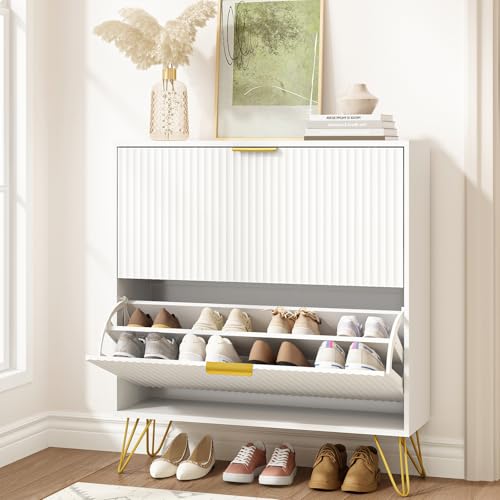 Shoe Storage Cabinet with 2 Flip Drawers, Fluted White Shoe Cabinet Storage for Entryway Slim, Narrow Shoe Organizer Cabinet, Modern Freestanding Shoe Rack for Entryway, White - color: White, size: 2 Drawers