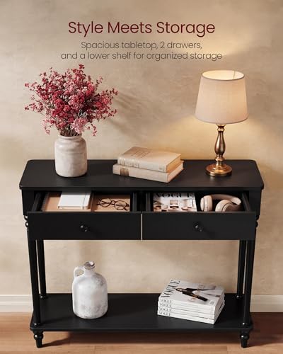 VASAGLE Mariel Collection - Console Table, Narrow Entryway Sofa Table with Drawers and Shelf, Solid Wood Legs, Mid-Century Modern, for Hallway Doorway Living Room, Ink Black ULNT139B101S