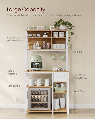 VASAGLE Bakers Rack with Charging Station, Coffee Bar, 15.7 x 31.5 x 71 Inches, Kitchen Microwave Stand, Adjustable Storage Shelves, Fabric Drawer, 12 Hooks, Golden Oak and Cloud White UKKS015Y03 - color: Golden Oak + Cloud White, size: 15.7"D x 31.5"W