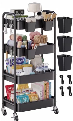 4 Tier Rolling Cart Metal with Wheels, Black Four Tiered Rolling Storage Cart on Wheels, Utility Roller Carts Organizer for Art, Craft, Baby Diaper Caddy, Snack, Book, Large-Capacity Shelving Units - color: Matte Black, size: 4 Tier + Cups + Hooks