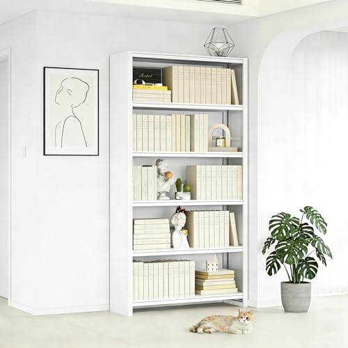 VASAAOSD 5 Tier Book Shelf, 69.3" Tall White Bookshelves, Open Metal Bookshelf, Toolless Assembly White Shelves for Home Office, Living Room, Study - color: White, size: 3 Tier