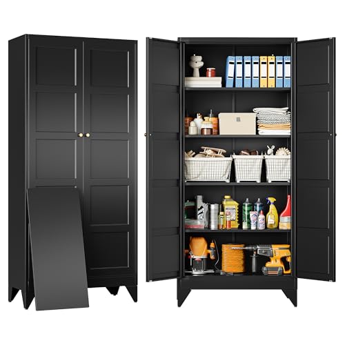SISESOL Wide & Deep Metal Storage Cabinets with 2 Doors and 5 Shelves,Tall Storage Cabinet,Large Cupboard Closet,Pantry Storage Cabinet for Home,Kitchen,Dining/Living Room (Black, 72" H) - color: Black, size: 72"H