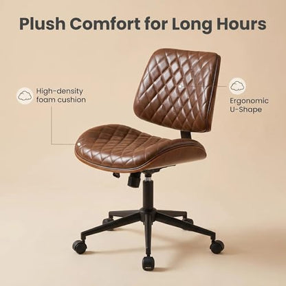 Furnimart Armless Small Desk Chair with Wheels, 360° Swivel Faux Leather Vanity Chair for Bedroom, Compact Home Office Task Chair for Small Spaces, Heavy-Duty Wood Frame(PU Brown) - color: Faux Leather-brown