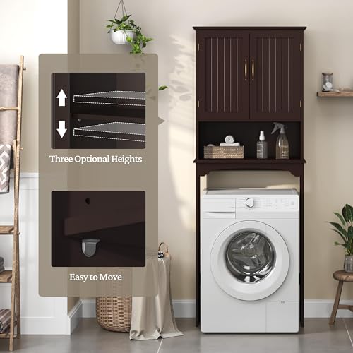 Yaheetech Over The Toilet Storage with 2 Doors & Adjustable Shelf, Free Standing Toilet Rack Wooden Space-saving Collect Cabinet, Bathroom Furniture, 9Dx24.5Wx66H Inches, Espresso - color: Espresso