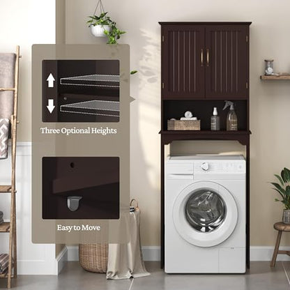 Yaheetech Over The Toilet Storage with 2 Doors & Adjustable Shelf, Free Standing Toilet Rack Wooden Space-saving Collect Cabinet, Bathroom Furniture, 9Dx24.5Wx66H Inches, Espresso - color: Espresso