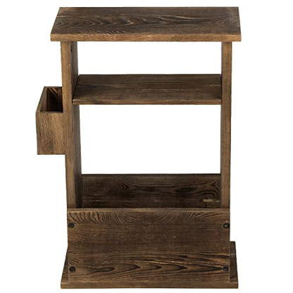 MyGift 24 Inch Tall Rustic Burnt Wood End Table with Remote Control Holder, Storage Shelf, and Magazine Rack, Wooden Narrow Living Room Couch Side Accent Furniture - color: Burnt Wood