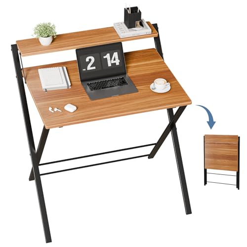 DUMOS Folding Desk with Shelf, No Assembly Computer Desk, Small Space Brown | Foldable Desk with Shelf Saves Space for Bedroom, Office and Dorm Use - color: Brown