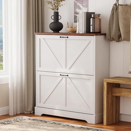 Semiocthome Farmhouse Shoe Storage Cabinet with 2 Flip Drawers, 31.5"(W) Freestanding Shoe Organizer with Barn Door and Metal Handles for Entryway, Rustic Narrow Slim Shoe Rack Cabinet - White - color: White, size: 31.5"W