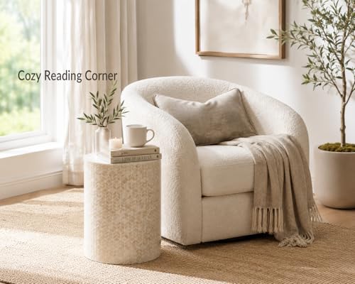 PEMAR Capiz Shell Cylinder Drum End Table Nacre Side Table Stool Round Drum Accent Coffee Bedside Nightstand and Vanity Stool, 13" Diameter x 19.3" High, White Cream - color: White Cream