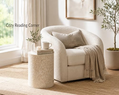 PEMAR Capiz Shell Cylinder Drum End Table Nacre Side Table Stool Round Drum Accent Coffee Bedside Nightstand and Vanity Stool, 13" Diameter x 19.3" High, White Cream - color: White Cream
