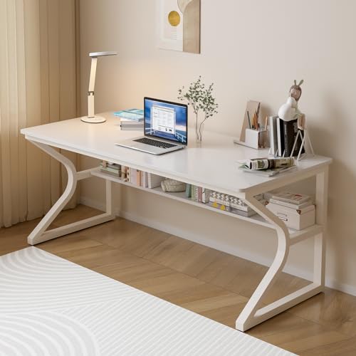 OSCHF 55-Inch Extra Long Desk with Storage Shelf, Warm White | Double Long Writing Table, Space-saving, 2-Person Workstation, Modern Study Work Computer Desk, For Home Office - color: Warm White, size: 55x23.6 inch