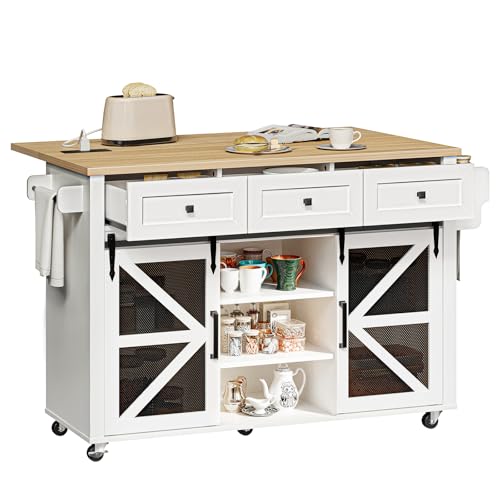 Kitchen Island with Storage, 55" Kitchen Cart with Charging Station, Rolling Kitchen Island Table with Drop-Leaf, 3 Drawers, Barn Doors, Towel Rack and Spice Rack, White and Natural - color: White + Natural