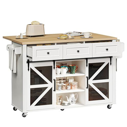 Kitchen Island with Storage, 55" Kitchen Cart with Charging Station, Rolling Kitchen Island Table with Drop-Leaf, 3 Drawers, Barn Doors, Towel Rack and Spice Rack, White and Natural - color: White + Natural