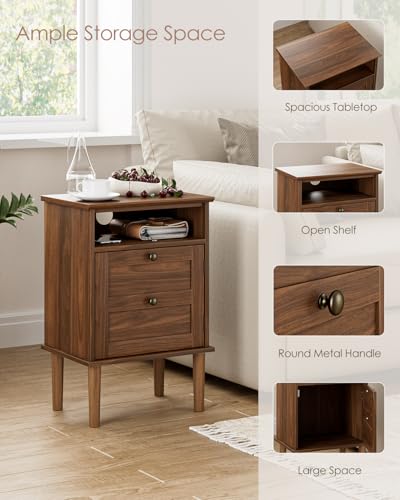 Nightstand, Boho Night Stand with 1 Drawer, Modern Side Accent Table with Open Shelf, Wooden Top Bedside End Table for Bedroom, Living Room, Walnut - color: Walnut