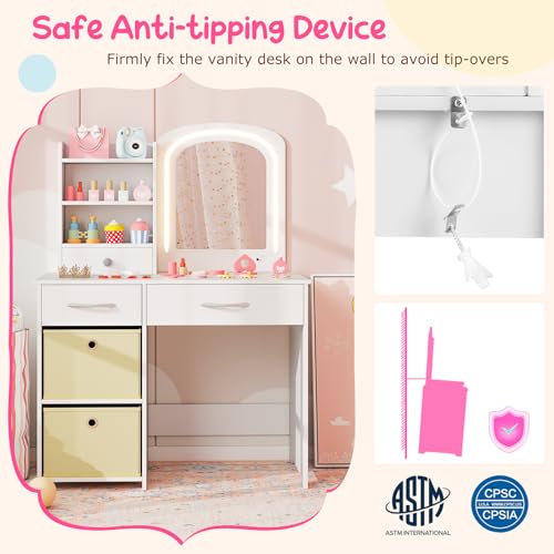 Costzon Kids Vanity with Lights, Princess Makeup Dressing Desk with Mirror and Stool, Storage Drawers, Shelves, Vanity Table and Chair Set for Little Girls (White) - style: White
