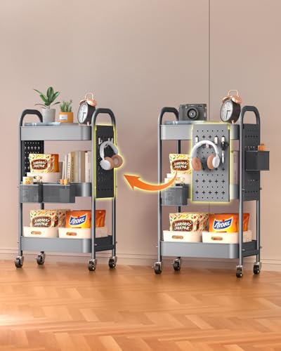 ALVOROG 3 Tier Rolling Cart with DIY Pegboards Metal Utility Cart with Wheels Handles Baskets Hooks, Storage Cart for Office Kitchen Bathroom(Gray) - color: Grey