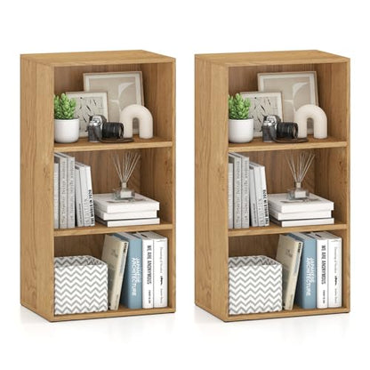 Giantex 3 Tier Bookcases Set of 2, Modern Book Shelves Cube Storage Organizer, Open Storage Cabinet Multi-Functional Home Office Bedroom Furniture Display Bookcases, Natural - color: Natural