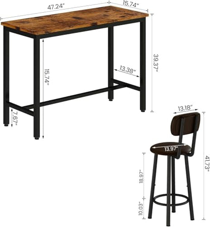 AWQM 47.2" Pub Height Table Set for 4,Kitchen Dining Set with 2 Bar Table Table and 4 PU Leather Stools with Backrest,for Breakfast Nook,Living Room,Small Space,Bar,Rustic Brown & Brown,(2 Set) - color: Rustic Brown
