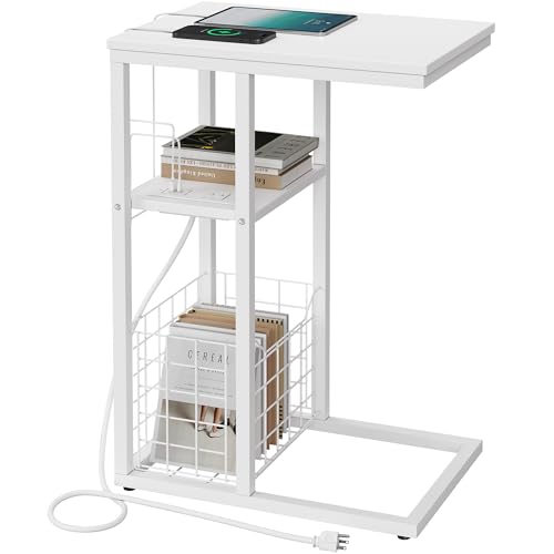 C Shaped End Table with Charging Station, Side Table for Couch, Small Side End Table for Small Spaces, 28" High Slide Under Sofa Table for Coffee, Tv Tray Table for Living Room, White - color: White