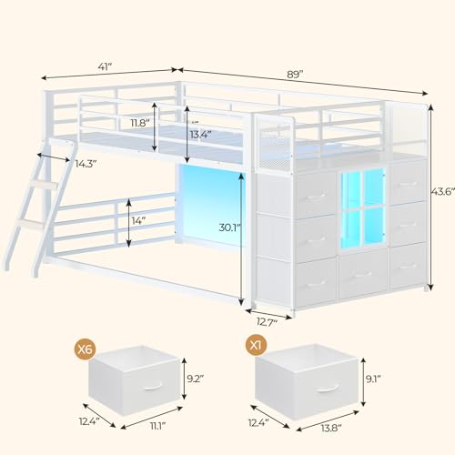 BTHFST Low Bunk Bed Twin Over Twin with 7 Large Fabric Drawers & Bookshelf, Metal Bunk Bed with RGB LED Lights & Slanted Ladder & Safety Guardrail, Kids Low Loft Bed Twin for Small Space, White - color: White
