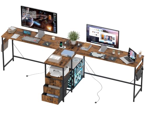 YOSHOOT 2 Person Computer Desk, 87" Long Gaming Desk for 2 People | Double Desk with 3 Fabric Drawers and 2 Power Outlets, Home Office Table for Adults and Teenagers, Rustic Brown - color: Rustic Brown, size: 35.4"D x 86.6"W x 30.7"H