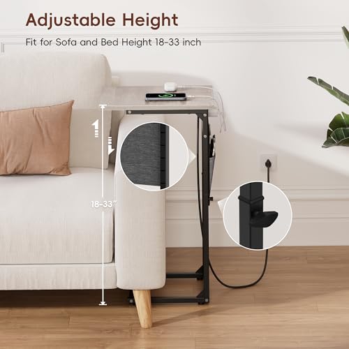 C-Shaped End Tables Set of 2 with Charging Station, 33'' Tall C Table Adjustable Height Side Table, Sofa Table for Couch, Couch Table that Slide Under Sofa, TV Trays for Living Room, Greige - color: 2pc Greige, style: With Plug