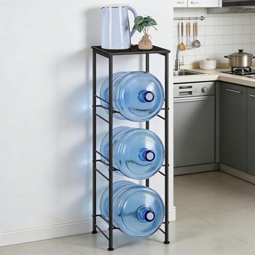 OYEAL Water Jug Holder Stand 5 Gallon Water Bottle Holder Organizer with Shelf, Heavy Duty 3 Tier Water Bottle Storage Rack for Kitchen, Office, Living Room, Black - style: Round Tube Black