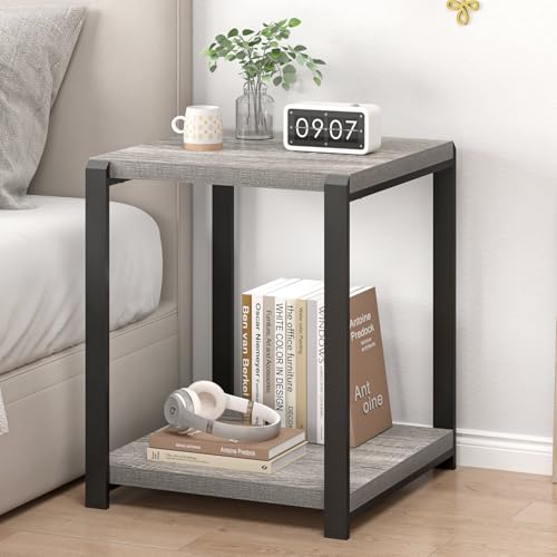 FOLUBAN Modern Side Table, Square End Table with Storage for Living Room Office, Rustic Bedside Table for Bedroom, Small Spaces, Light Grey - color: Light Grey
