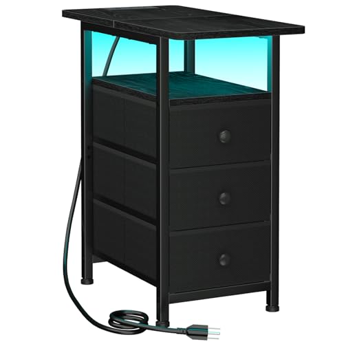 AMHANCIBLE Narrow End Table Living Room with Charging Station, Slim LED Nightstand with Fabric Drawers, Skinny Side Table for Bedroom, Small Spaces, Couch, Black, HETN013LBK-1 - color: Black, style: LED Light & Power