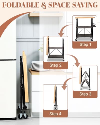 Mythinglogic Foldable Kitchen Cart with Wheels, Rolling Kitchen Island with Wood Top, 3-Tier Microwave Stand Coffee Bar Cart with Side Storage Rack, Black - size: 21.89"D x 29.33"W x 36.81"H