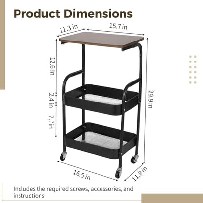 ZALIR 3 Tier Metal Rolling Utility Cart, Movable Storage Trolley with Wooden Table Top, Lockable Wheels, Multifunctional Organizer for Kitchen, Bathroom, Living Room & Bedroom (Black)