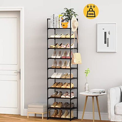 Narrow Shoe Rack 10 Tiers Tall Shoe Rack for Entryway Closet 20 24 Pairs Shoe & Boots Organizer Storage Shelf Durable Black Metal Stackable Shoe Cabinet with Hooks, 17.1D x 11.8W x 78.7H in - color: Black