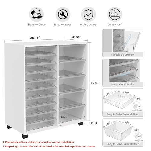 WOPITUES Mobile Storage Cabinet with 15 Clear Drawers, Craft Cabinet with 5 Large Drawers, Cart with Wooden Tabletop, Printer Stand Home Office, Dresser Chest, Modern White - color: White, size: 10M+5L