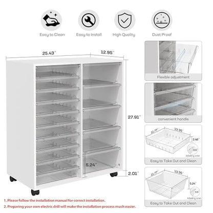 WOPITUES Mobile Storage Cabinet with 15 Clear Drawers, Craft Cabinet with 5 Large Drawers, Cart with Wooden Tabletop, Printer Stand Home Office, Dresser Chest, Modern White - color: White, size: 10M+5L