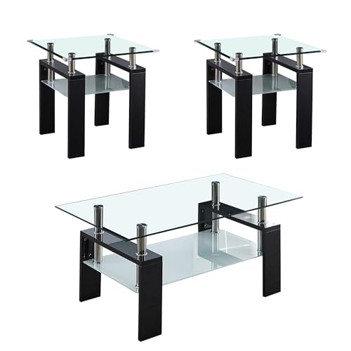 Living Room Set of 3 with 1 Coffee Table and 2 End Tables, Modern Black 3 Piece Glass Coffee Table Set with Storage Shelf for Apartment, Office, Easy to Assemble - color: Black, size: Coffee Table + 2 End Table