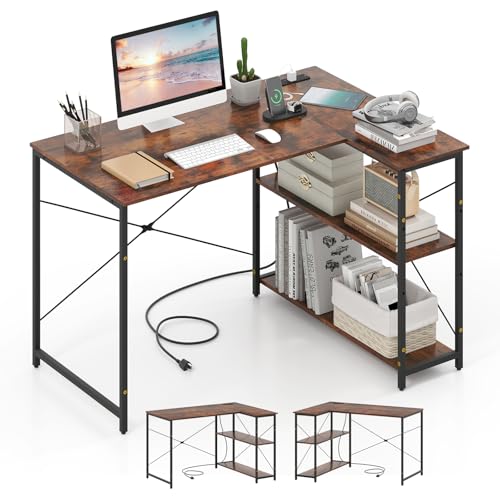 Tangkula L-Shaped Computer Desk with Power Outlets, USB & Type C Charging Port, Reversible Corner Desk with Adjustable Shelf, Heavy-Duty Metal Frame, Study Writing Table for Home Office - color: Rustic Brown