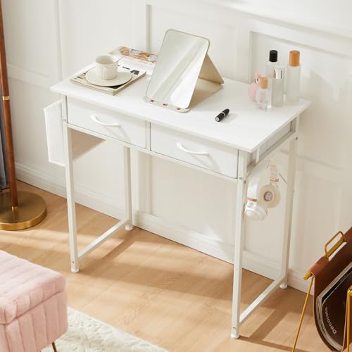 Anwick Compact Computer Desk with Storage Bag, Headphone Hook & Adjustable Feet - Modern Home Office Desk for Small Spaces, Bedroom or Study, Durable Metal Frame, Simple Design (White)