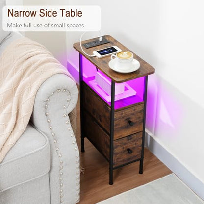LOAKEKEL Narrow Nightstand with Charging Station, End Tables Living Room Set of 2, Skinny Side Table with Fabric Drawers, Small Sofa Table with LED Light for Bedroom, Rustic Brown, HETNDP02LPBR - color: Rustic Brown, style: Power + Light